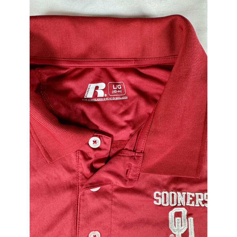 NCAA Oklahoma Sooners OU Russell Size L Red Polyester Big Logo Polo Golf‎ Shirt - Picture 6 of 9